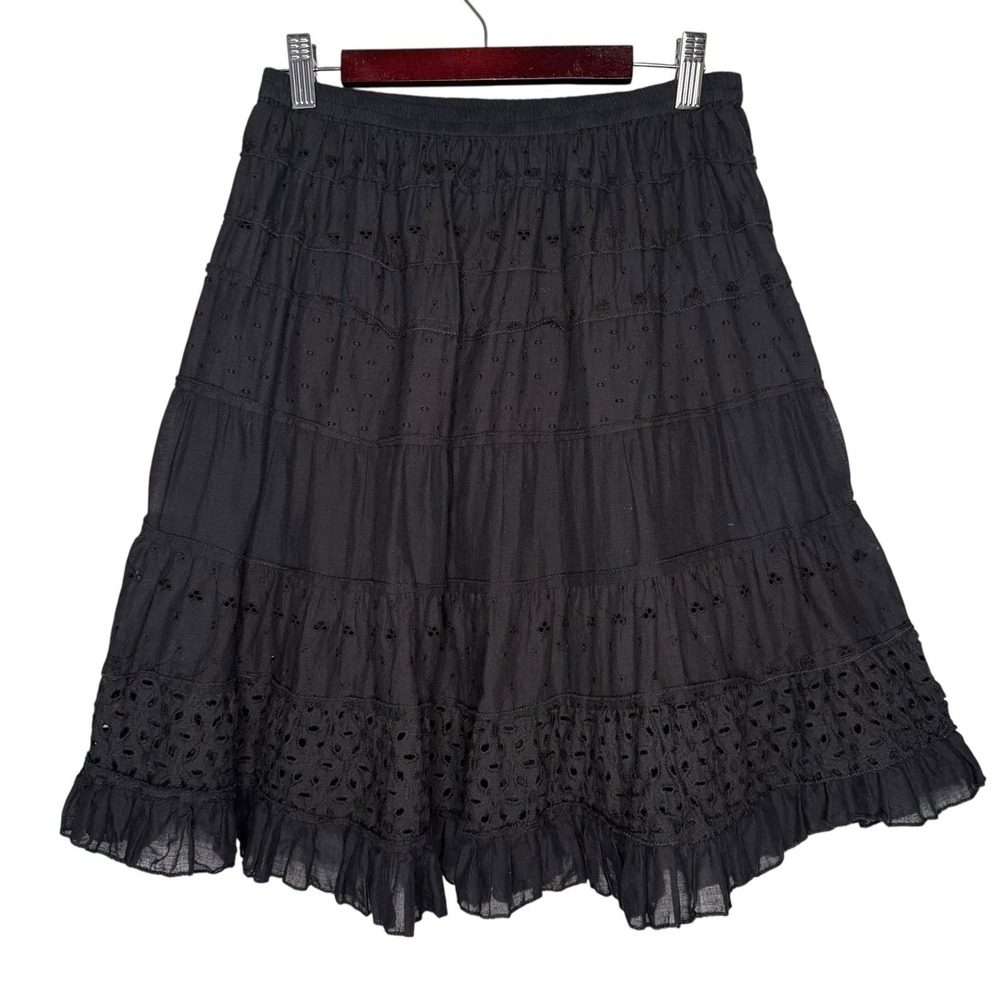 Solitaire Black Eyelet Ruffle Skirt Size S Romantic Tiered Boho Lined‎ Cotton